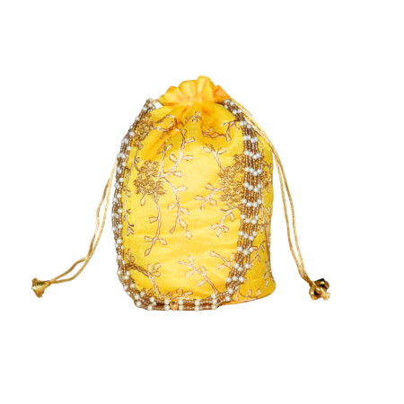 Elegant Handmade Yellow Cotton Potli Bag with Beadwork